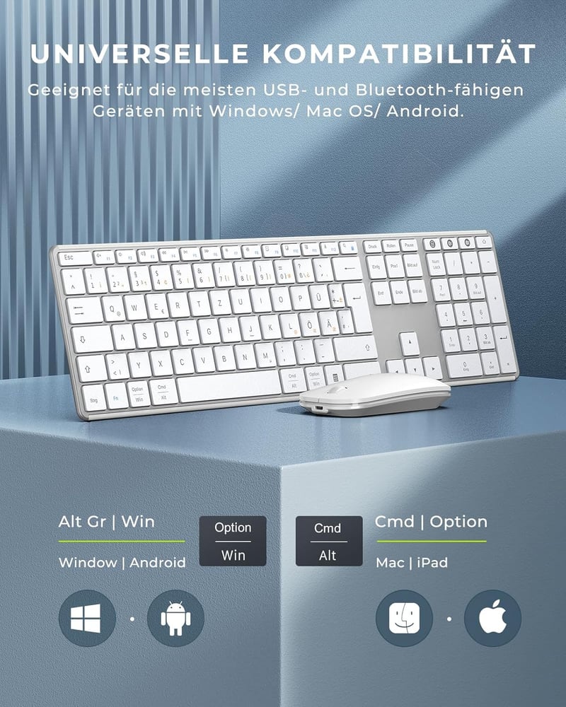 seenda Fém Bluetooth Billentyűzet és Egér Szett - Újratölthető Kettős Módú USB/BT Vezeték Nélküli QWERTZ Billentyűzet PC/Tablet/MacOS Eszköz