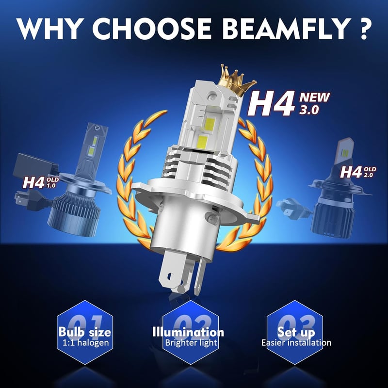 BEAMFLY H4 HB2 9003 LED Fényszóró Izzó Szett, 20000LM, 12V Autó Távolsági/Tompított Világítás, 6000K Hideg Fehér, 100000 Óra Élettartam