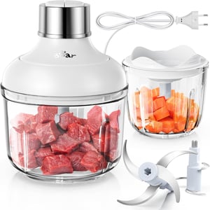Mini tocător electric Bear cu boluri de sticlă de 0,6 l și 2 l, 2 viteze, 4 lame din oțel inoxidabil, pentru mâncare de bebeluși, fructe și legume