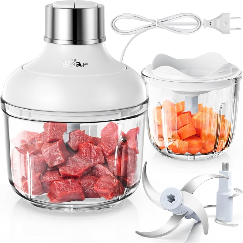 Mini tocător electric Bear cu boluri de sticlă de 0,6 l și 2 l, 2 viteze, 4 lame din oțel inoxidabil, pentru mâncare de bebeluși, fructe și legume