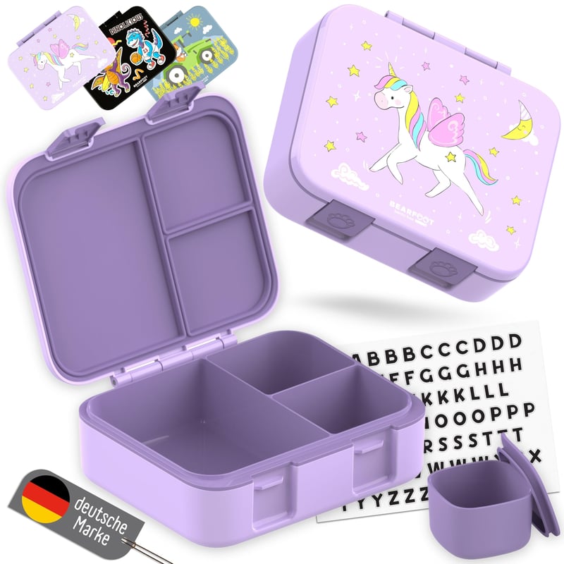 BEARFOOT Bento Box Compact dječja kutija za užinu - Jednorog ljubičasta, 1000 ml - školska kutija za ručak za djecu