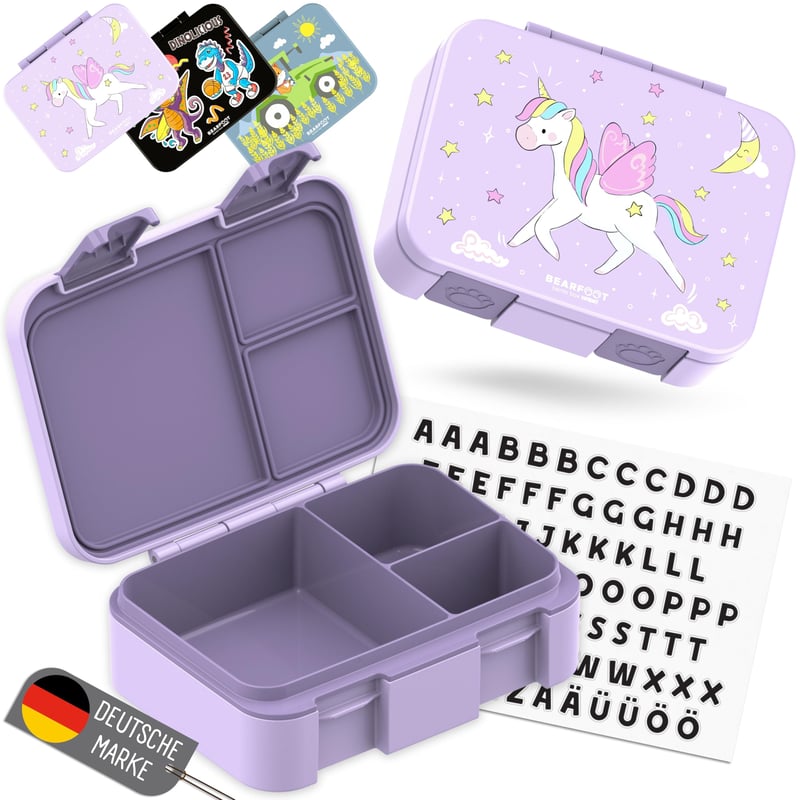 Cutie pentru gustări compactă BEARFOOT Bento Box pentru copii - Unicorn mov, 650 ml