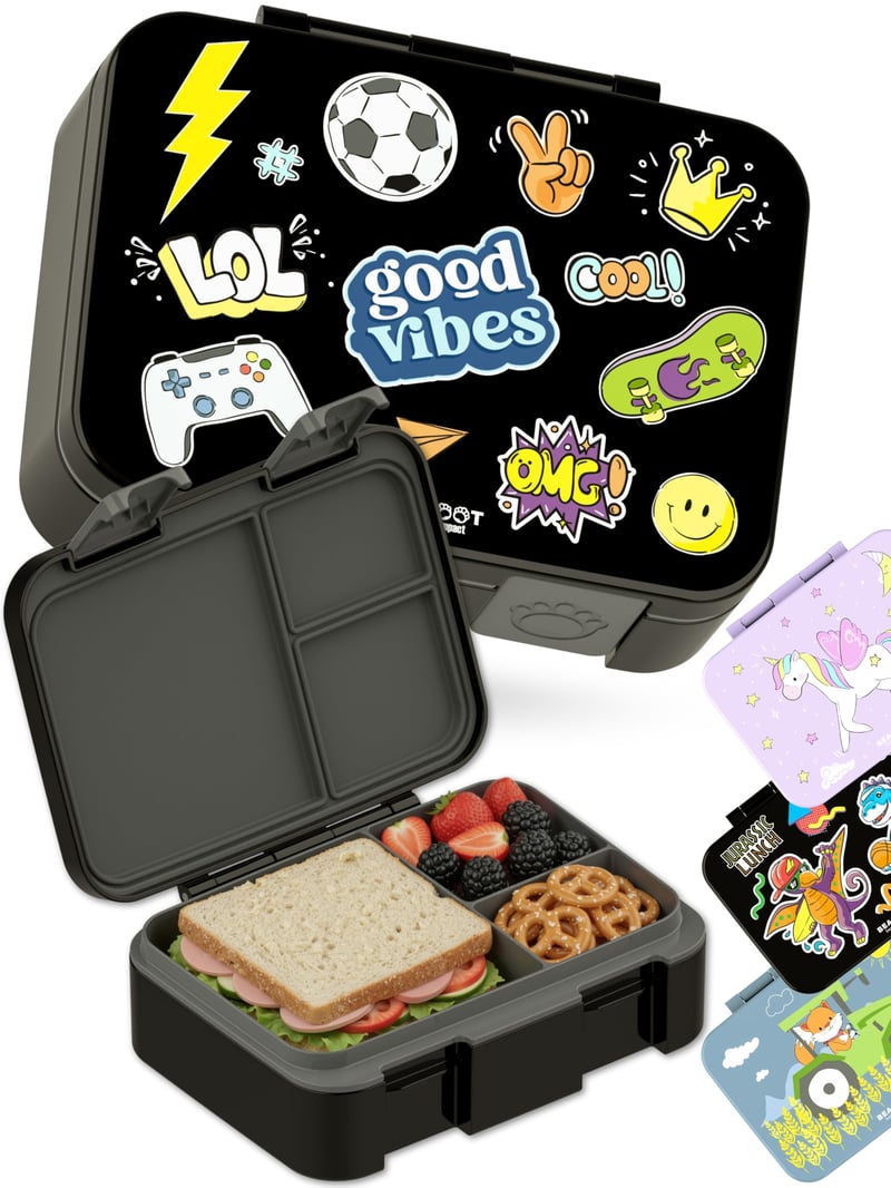 Detský obedár BEARFOOT Bento Box Compact - Sticker čierna, 650 ml