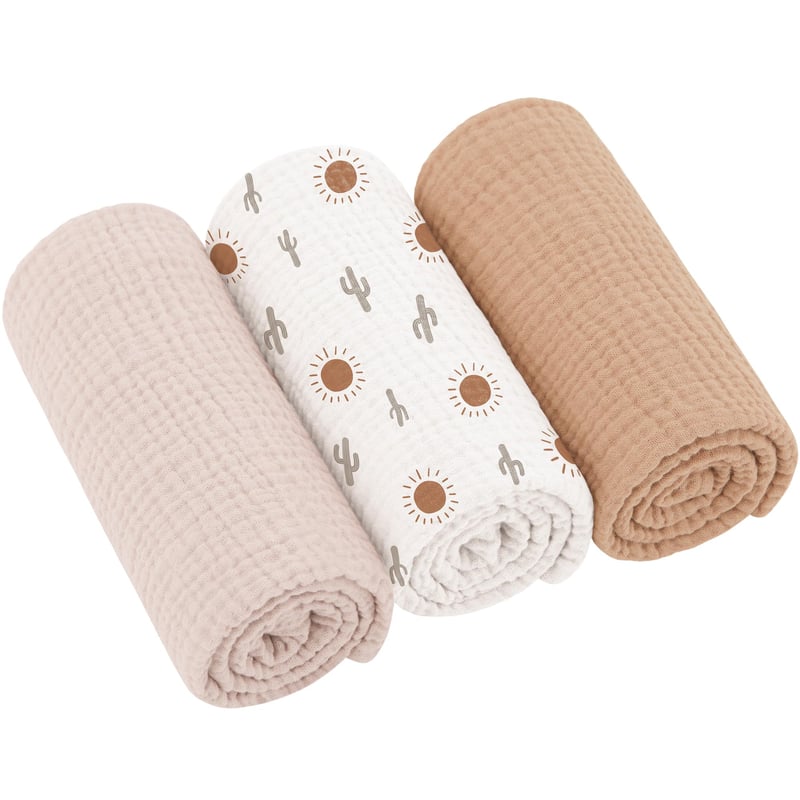 Scutece din Muselină Bearmoss pentru Bebeluși 100% Bumbac, Scutece Pufoase pentru Regurgitare, Respirabile și Super Absorbante, 3 buc, 60x60 cm, Soare Maro