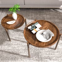 Set 2 măsuțe de cafea rotunde BEARUT, măsuță laterală pentru sufragerie, dormitor sau balcon, măsuțe suprapunebile, maro, 60x60x48 cm 3