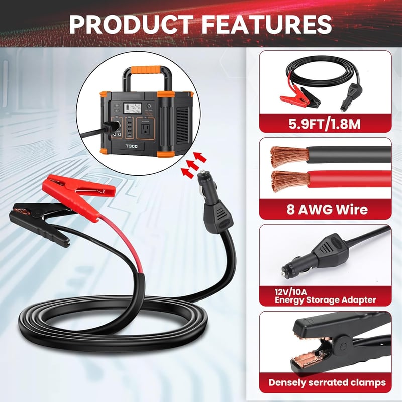 Beaspire Autós Indítókábel 12V 10A Adapterrel - 1,8m 8AWG Bikakábel Jackery és ECOFLOW Hordozható Áramforrásokhoz Kompatibilis