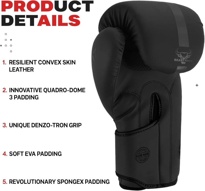 BEAST RAGE Bokszkesztyű 10 oz - Fekete Műbőr Edzőkesztyű MMA, Muay Thai, Kickbox Edzéshez - Unisex Sparring Kesztyű Extra Csuklóvédelemmel