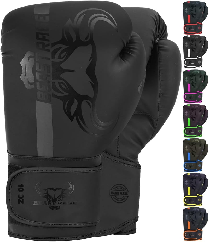 BEAST RAGE Bokszkesztyű 10 oz - Fekete Műbőr Edzőkesztyű MMA, Muay Thai, Kickbox Edzéshez - Unisex Sparring Kesztyű Extra Csuklóvédelemmel