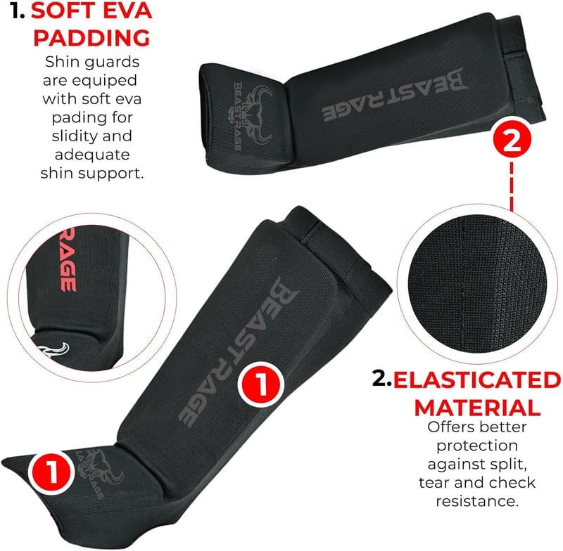 BEAST RAGE Neoprén Lábszárvédő Párnázott Rüsztvédővel - Muay Thai, MMA, Box, Karate Edzéshez - Unisex Fekete S Méret