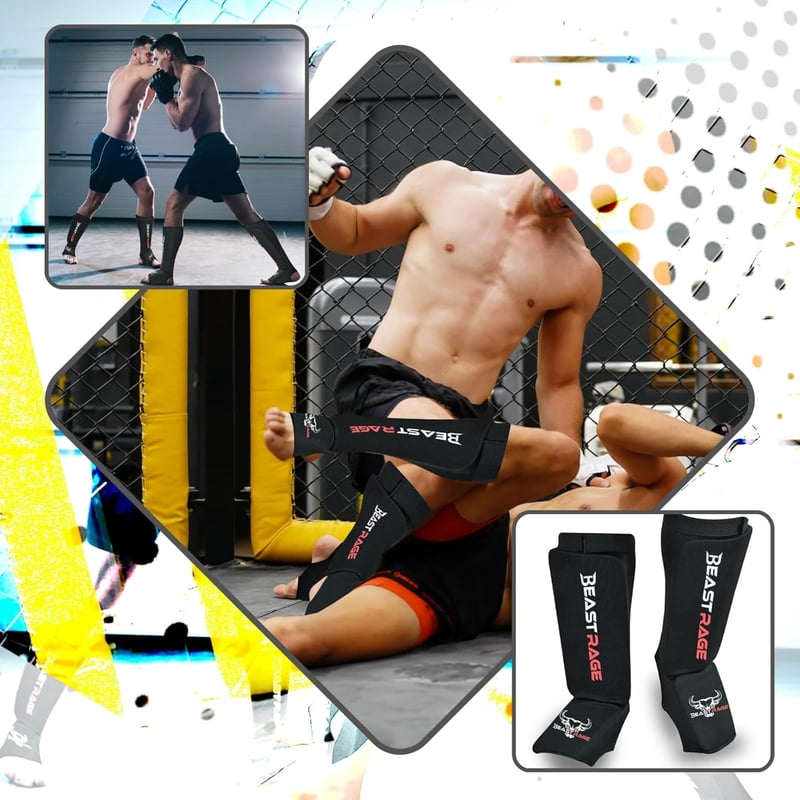 BEAST RAGE Neoprén Lábszárvédő Párnázott Rüsztvédővel - Muay Thai, MMA, Box, Karate Edzéshez - Unisex Fekete S Méret