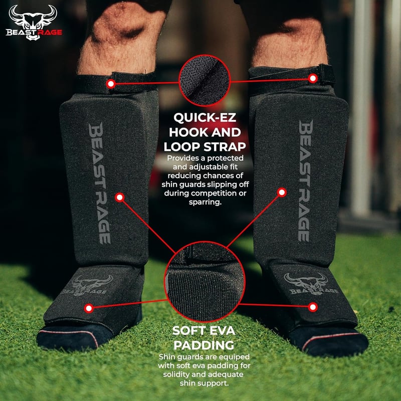 BEAST RAGE Neoprén Lábszárvédő Párnázott Rüsztvédővel - Muay Thai, MMA, Box, Karate Edzéshez - Unisex Fekete S Méret