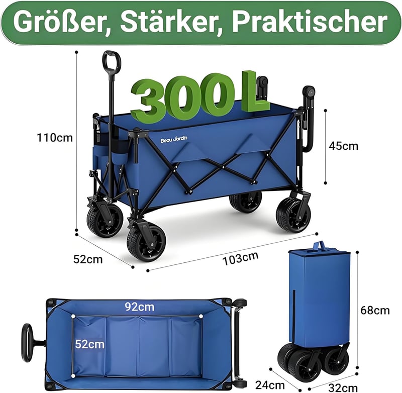 BEAU JARDIN XXL Összecsukható Kézikocsi 300L 250kg Terhelhetőség Terepkerék