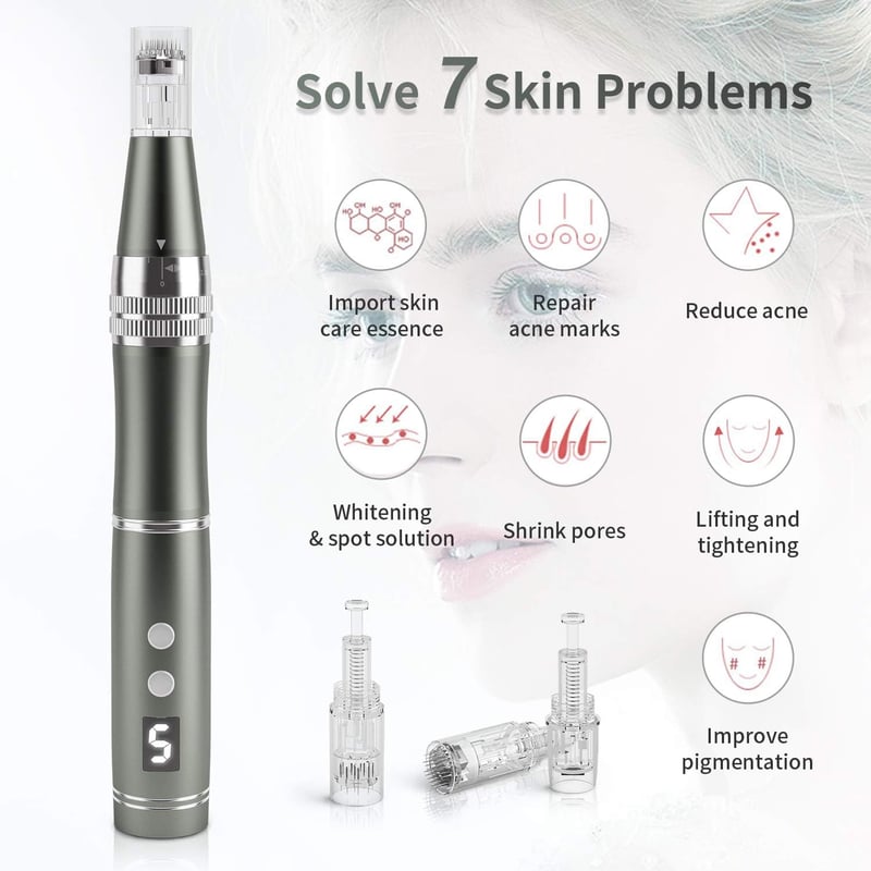 Beautlinks Elektromos Mikrodermaroller Toll 0-2,5mm - 4 LED Fénnyel, 6 Sebességgel, Bőrfiatalító Eszköz Ránctalanításhoz, Pattanások Ellen (