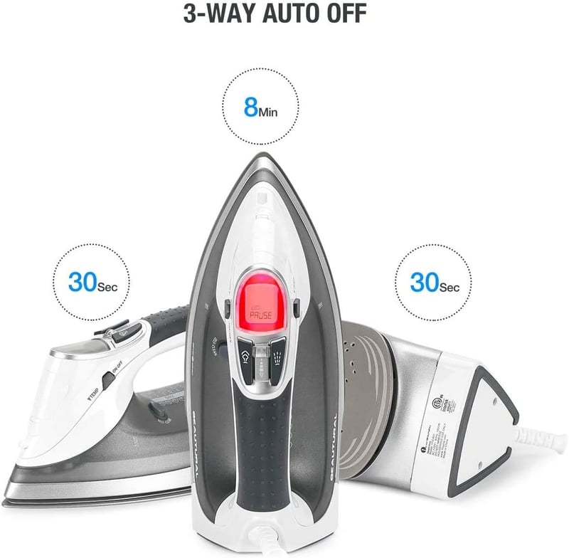 BEAUTURAL 2400W Gőzvasaló Kerámia Talppal 340ml Tartály 9 Gőzfokozat LCD Kijelző - White-grey