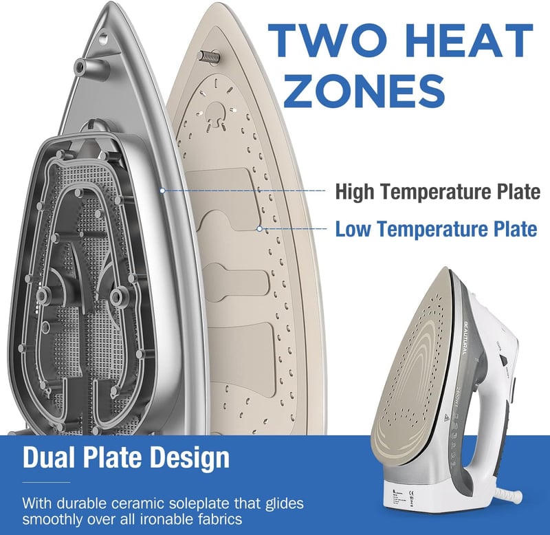 BEAUTURAL 2400W Gőzvasaló Kerámia Talppal 340ml Tartály 9 Gőzfokozat LCD Kijelző - White-grey