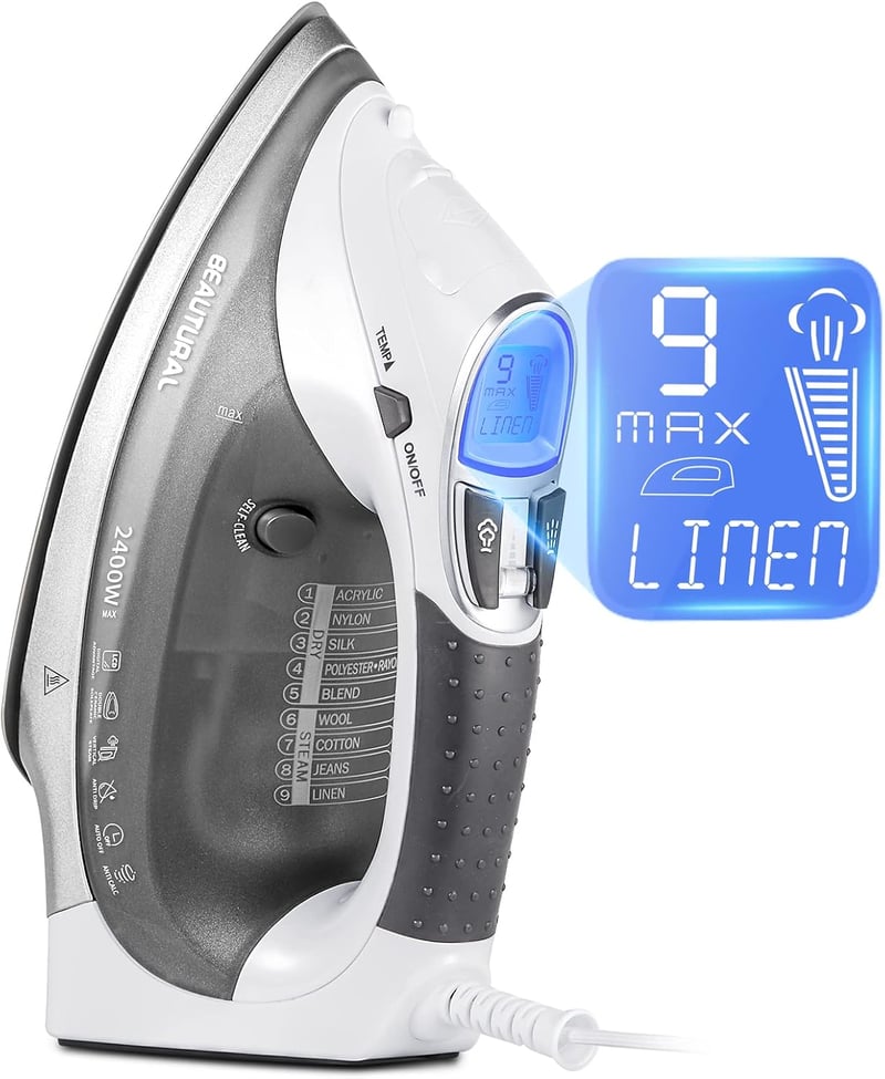BEAUTURAL 2400W Gőzvasaló Kerámia Talppal 340ml Tartály 9 Gőzfokozat LCD Kijelző - White-grey