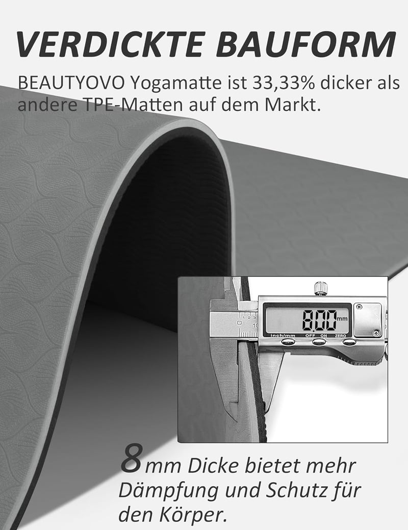 Saltea de yoga BEAUTYOVO de 8 mm, antiderapantă, cu curea de transport, saltea fitness TPE pentru Pilates și antrenament