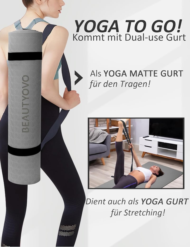 Saltea de yoga BEAUTYOVO de 8 mm, antiderapantă, cu curea de transport, saltea fitness TPE pentru Pilates și antrenament
