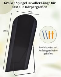 BEAUTYPEAK Ívelt Álló Tükör 180x76 cm - Fekete Alumínium Keretes Teljes Alakos Fali Tükör Nappali Szobába, Öltözködéshez 5