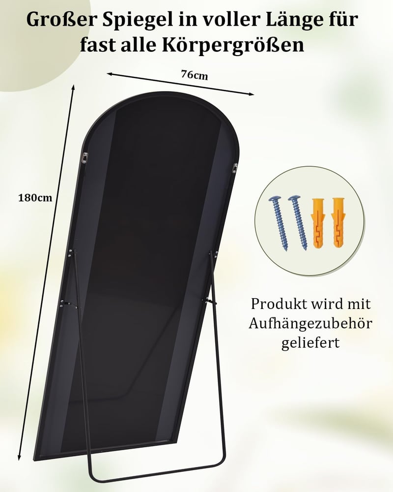 BEAUTYPEAK Ívelt Álló Tükör 180x76 cm - Fekete Alumínium Keretes Teljes Alakos Fali Tükör Nappali Szobába, Öltözködéshez