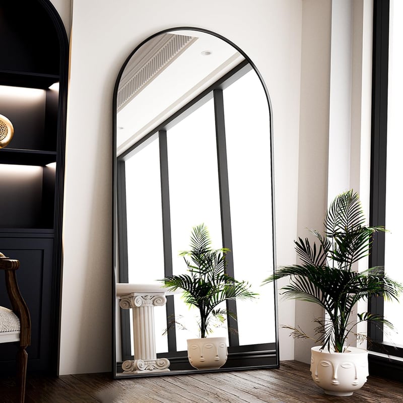 BEAUTYPEAK Ívelt Álló Tükör 180x76 cm - Fekete Alumínium Keretes Teljes Alakos Fali Tükör Nappali Szobába, Öltözködéshez