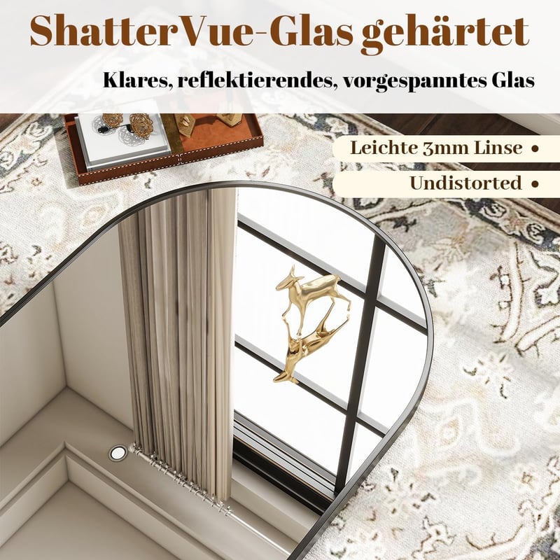 BEAUTYPEAK Ívelt Fali Tükör Fekete Alumínium Kerettel, 75 x 100 cm, Törésálló, Falra Akasztható vagy Támasztható, Fürdőszobába, Hálószobába