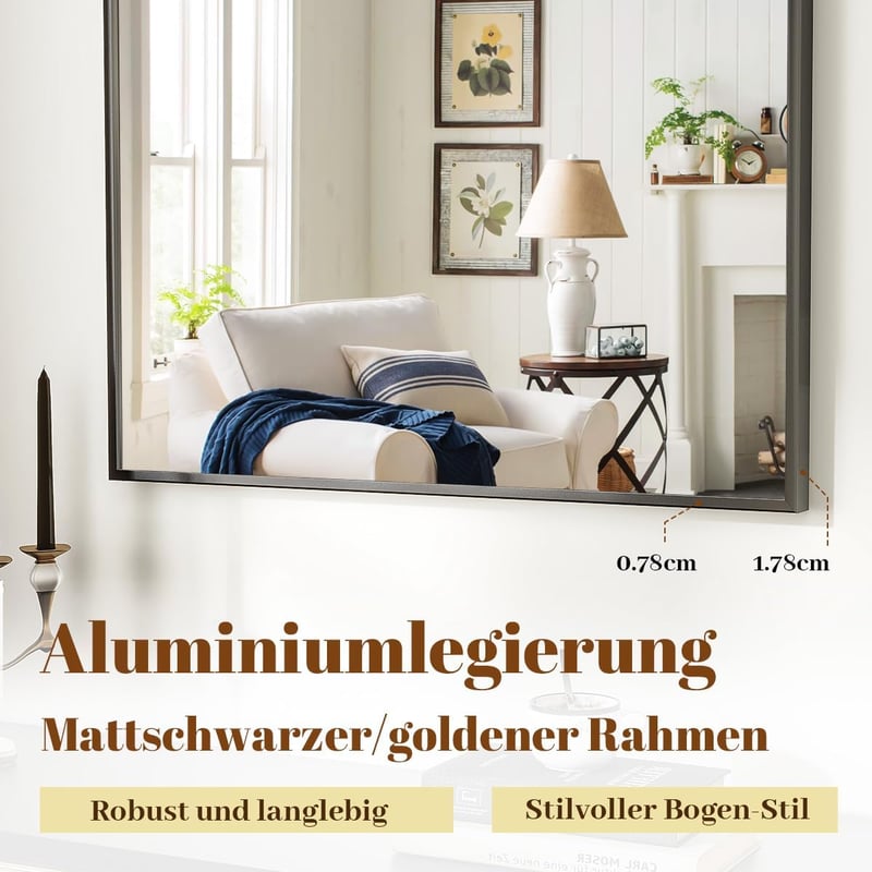 BEAUTYPEAK Ívelt Fali Tükör Fekete Alumínium Kerettel, 75 x 100 cm, Törésálló, Falra Akasztható vagy Támasztható, Fürdőszobába, Hálószobába