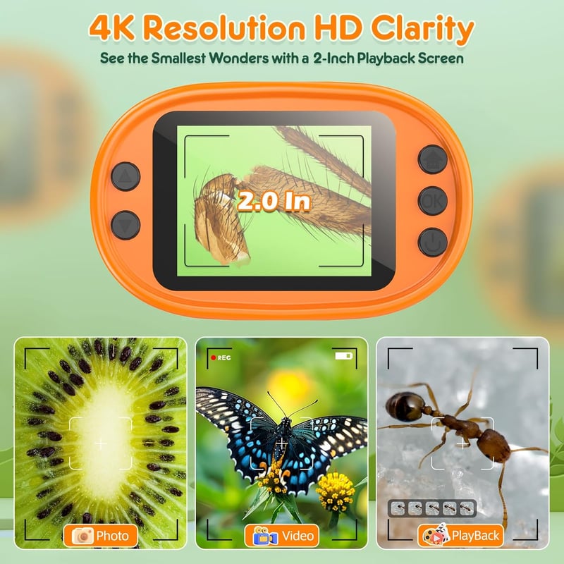 BEBANG 1000X Digitális Zsebmikroszkóp Gyerekeknek - 4K 2.0" Képernyő, Tölthető, Hordozható Oktatási Ajándék 4-12 Éves Diákoknak Preparátumok