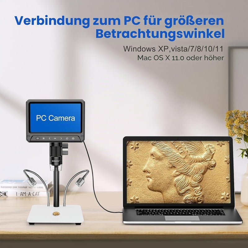 BEBANG 7 hüvelykes LCD digitális mikroszkóp 1200x, 12MP 3024P érme és forrasztási nagyító, PC nézet, 32GB SD, Windows MacOS, fehér
