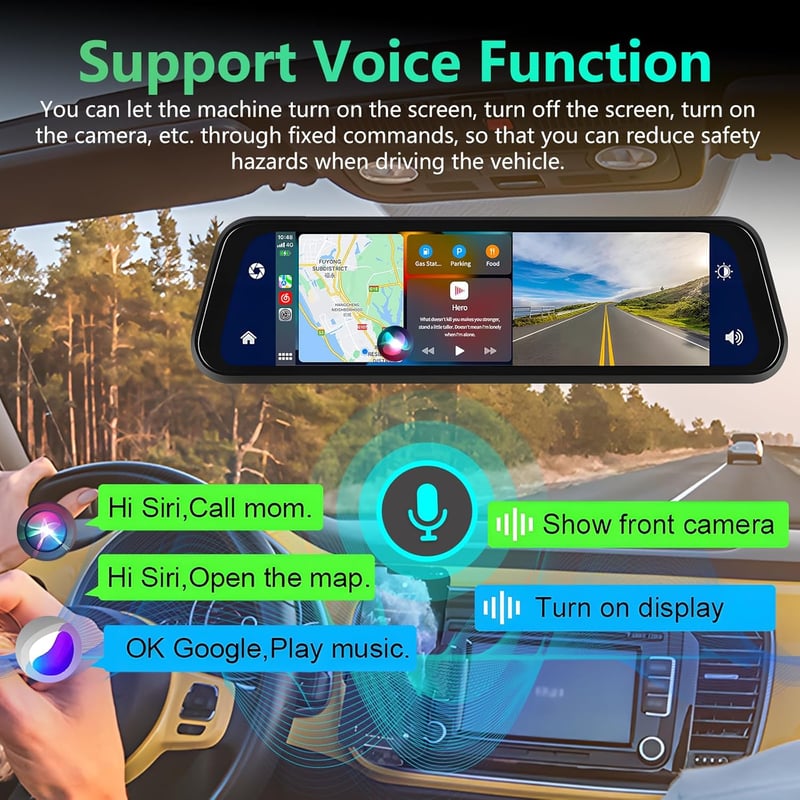 Podofo 9.66" Tükör Menetrögzítő Kamera - Vezeték Nélküli Apple CarPlay, Android Auto, Dupla 1080P HD Kamera, IPS Érintőképernyő, Bluetooth, 
