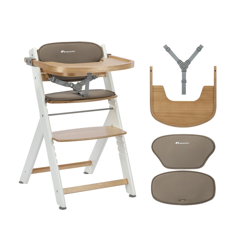 Bebeconfort Timba 2 drvena hranilica s jastukom koja raste s djetetom, od 6 mjeseci, do 110 kg, uklonjivi pladanj, Natural Wood + Beige