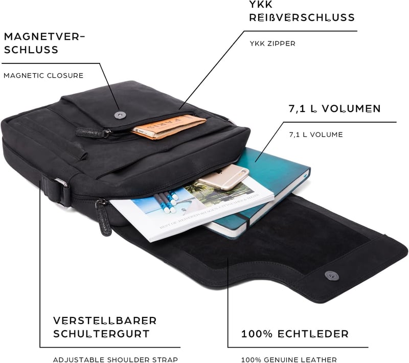 LEABAGS Amsterdam Unisex Válltáska Valódi Bivalybőrből, Vintage Megjelenés, Mágneszáras, Tágas Belső Terekkel - Fekete