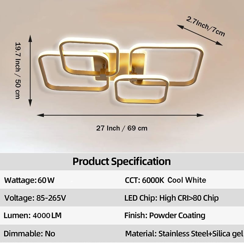 Becailyer 92W LED mennyezeti lámpa arany négyzet design meleg fehér