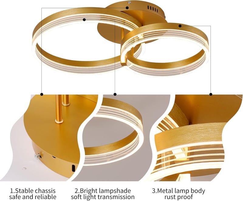 Becailyer Modern LED Mennyezeti Lámpa Távirányítóval, Dimmelhető Arany 2 Körös Plafon