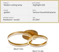 Becailyer Modern LED Mennyezeti Lámpa Távirányítóval, Dimmelhető Arany 2 Körös Plafon 5