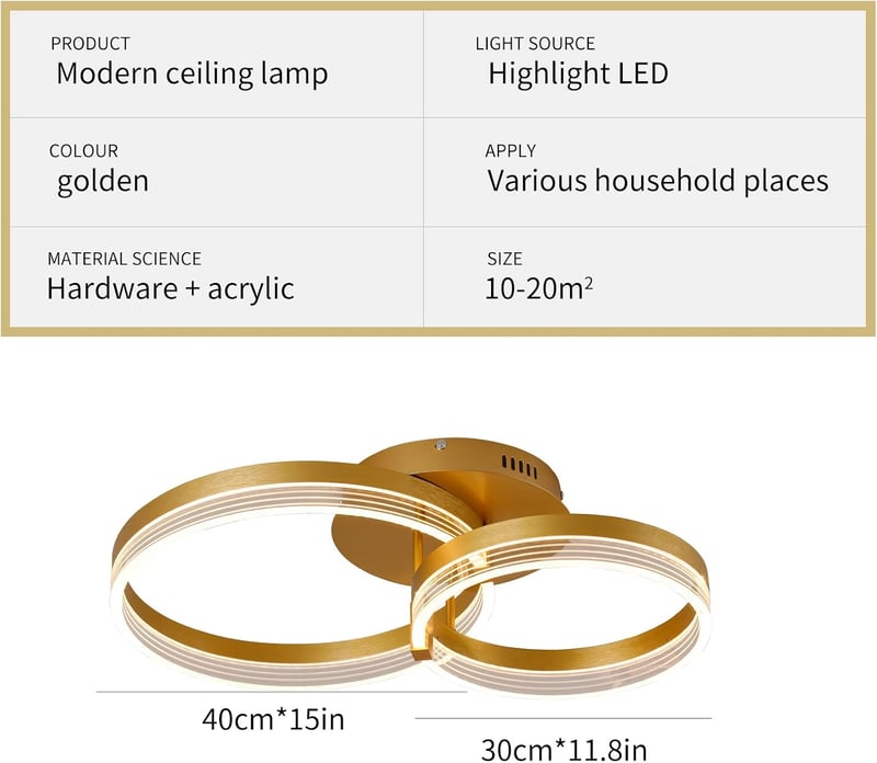 Becailyer Modern LED Mennyezeti Lámpa Távirányítóval, Dimmelhető Arany 2 Körös Plafon