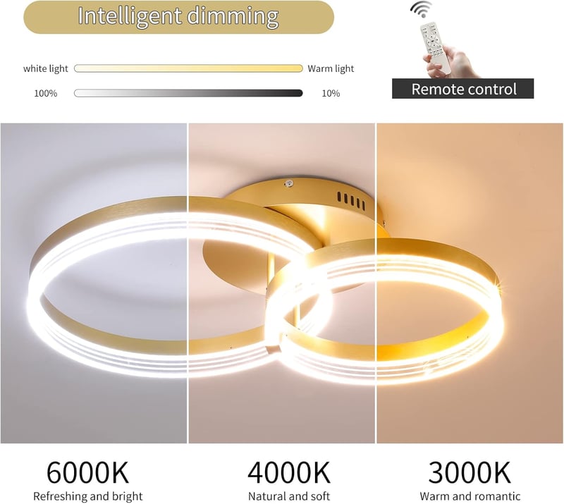 Becailyer Modern LED Mennyezeti Lámpa Távirányítóval, Dimmelhető Arany 2 Körös Plafon