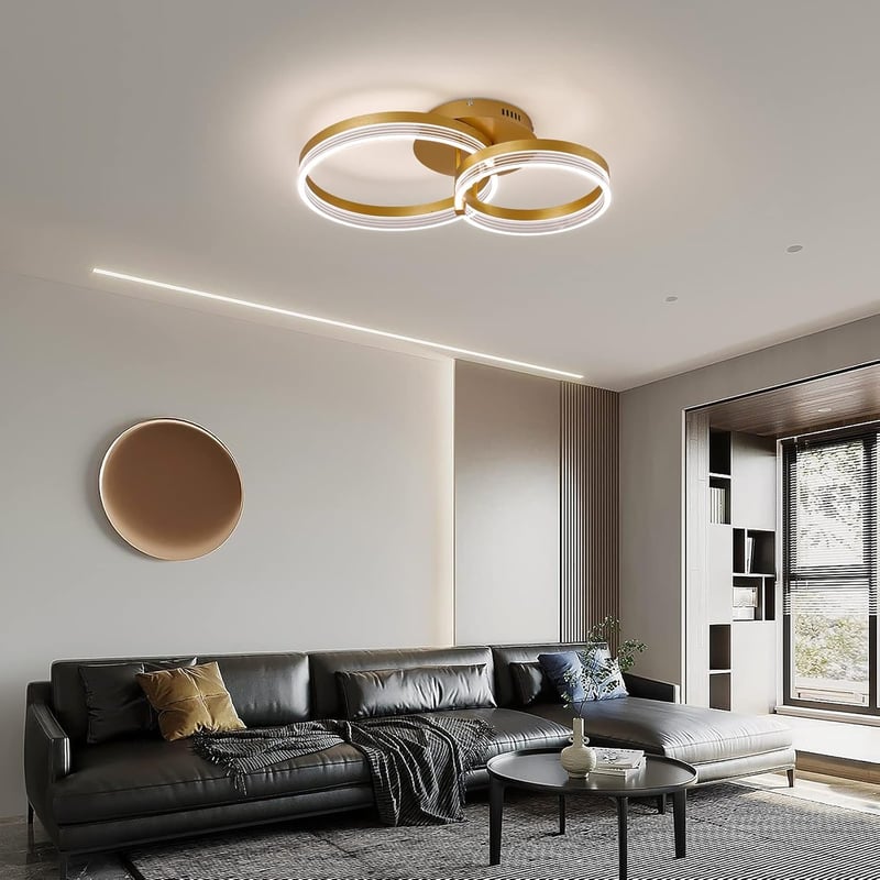 Becailyer Modern LED Mennyezeti Lámpa Távirányítóval, Dimmelhető Arany 2 Körös Plafon