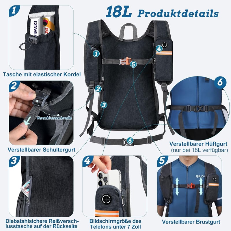BECOJADDE 15L Túrahátizsák - Könnyű, Összecsukható Hátizsák Férfiaknak és Nőknek, Minimál Stílusú Fekete Daypack Kempingezéshez, Túrázáshoz 