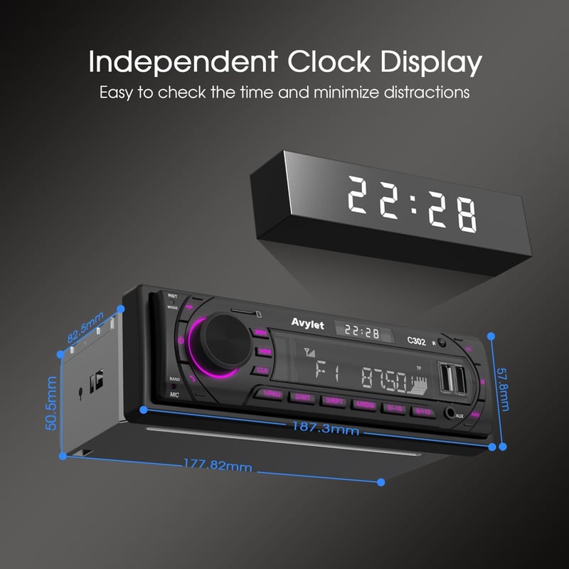 Avylet 1 DIN autórádió Bluetooth kihangosítóval, 7 színű FM/AM, 2 USB, AUX, SD