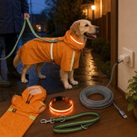 Pachet plimbare sigură: pelerină 4XL + zgardă LED 8 moduri + lesă reflectorizantă 2m + cablu USB 9m 1