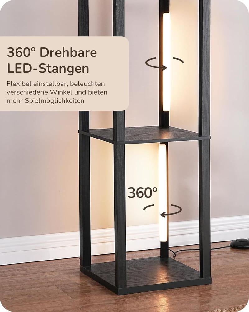 EDISHINE Állólámpa Polcokkal - 3 Színhőmérsékletű Dimmelhető LED, 20W, 1530 Lumen, 163cm Sarokpolc 360° Forgatható Világítással, Lábkapcsoló