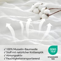 BEDELITE mušelínové posteľné obliečky 220x240 cm, 3-dielna bavlnená súprava, biele, so zipsom, s obliečkou na vankúš 80x80 cm, Oeko-Tex 3