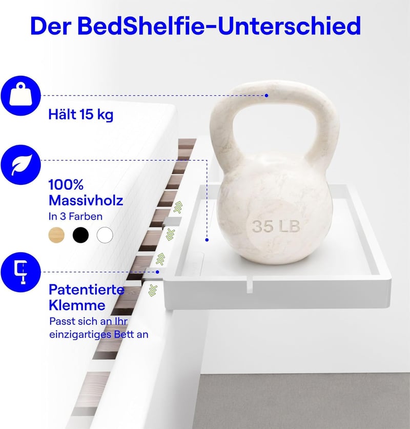 BedShelfie Ágy Melletti Polc Függesztett Ágypult Emeletes Ágyhoz Fehér