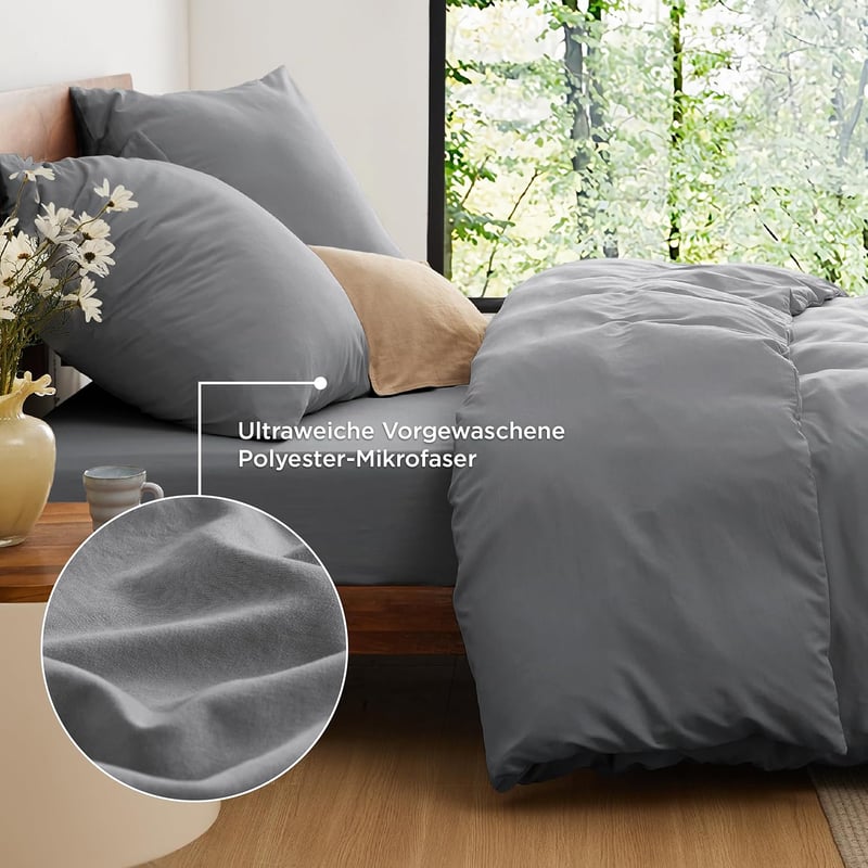 BEDSURE Ágynemű Szett 155x220 cm Szürke - Puha Mikroszálas Poliészter Ágyneműhuzat Garnitúra Cipzárral, 2 Párnahuzattal, Légáteresztő és Tar