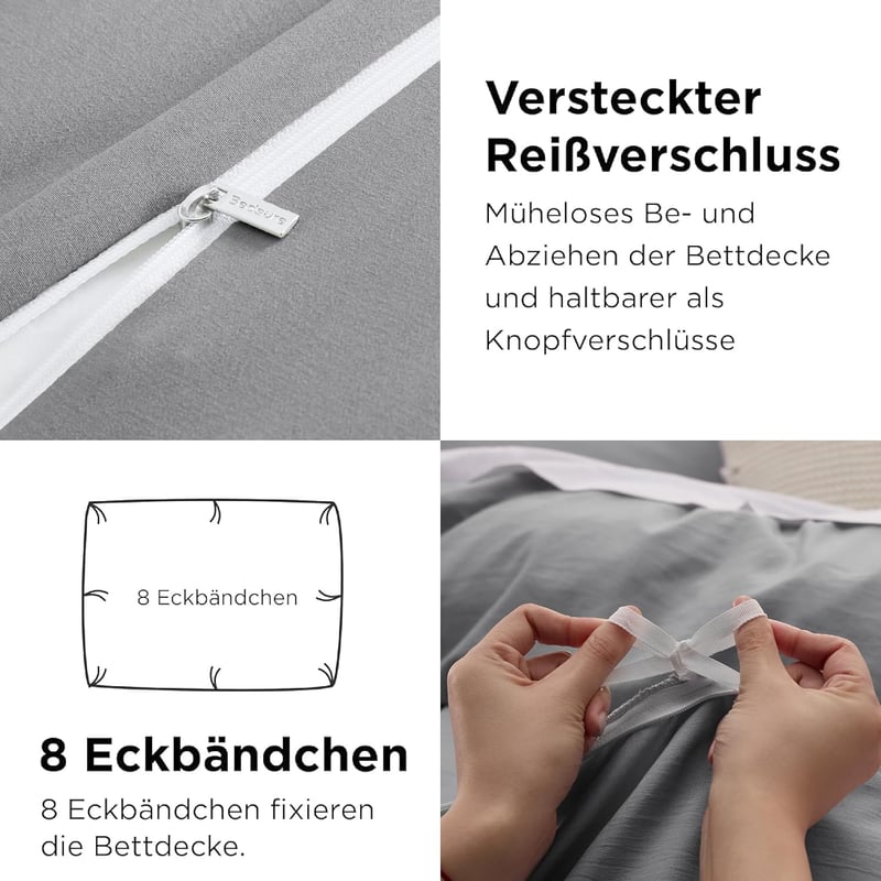 BEDSURE Ágynemű Szett 155x220 cm Szürke - Puha Mikroszálas Poliészter Ágyneműhuzat Garnitúra Cipzárral, 2 Párnahuzattal, Légáteresztő és Tar