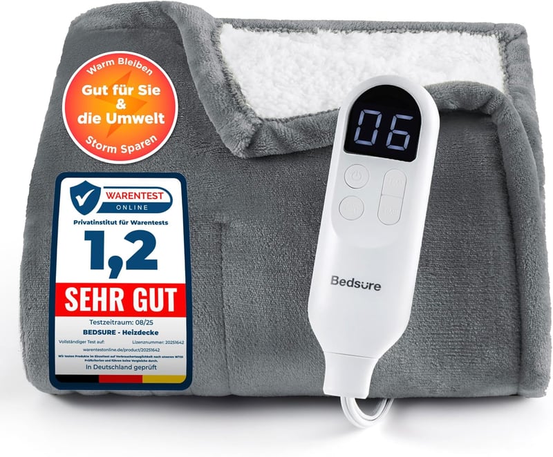 Pătură electrică încălzită Bedsure 130x180 cm gri, oprire automată, 6 trepte de temperatură, temporizator 10 ore, protecție la supraîncălzire 8 ore
