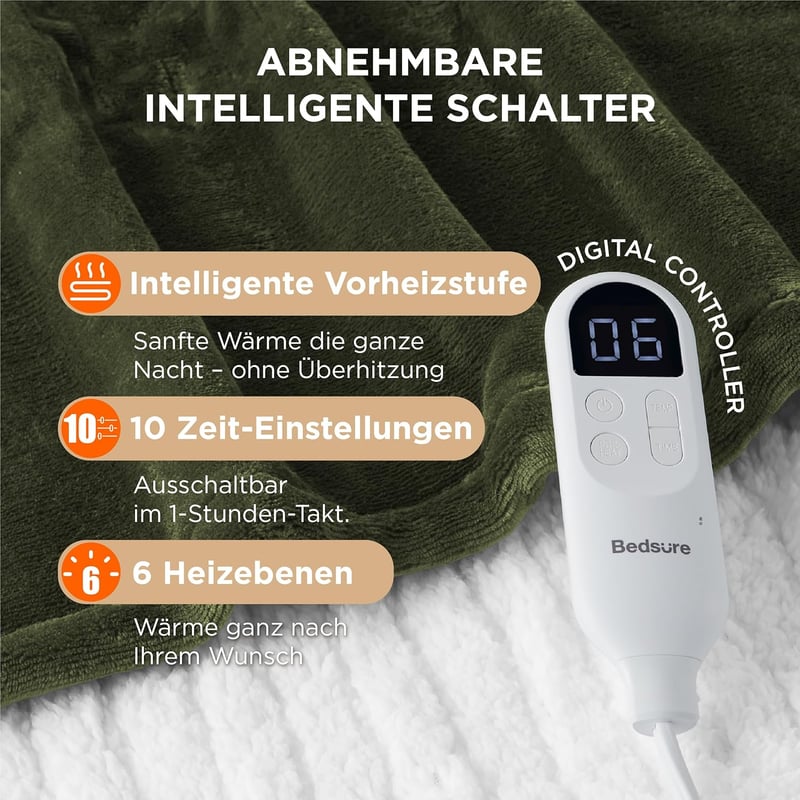 BEDSURE Elektromos Takaró 130x180cm, 6 Hőfokozat, 10 Órás Időzítő, Túlmelegedés Védelem