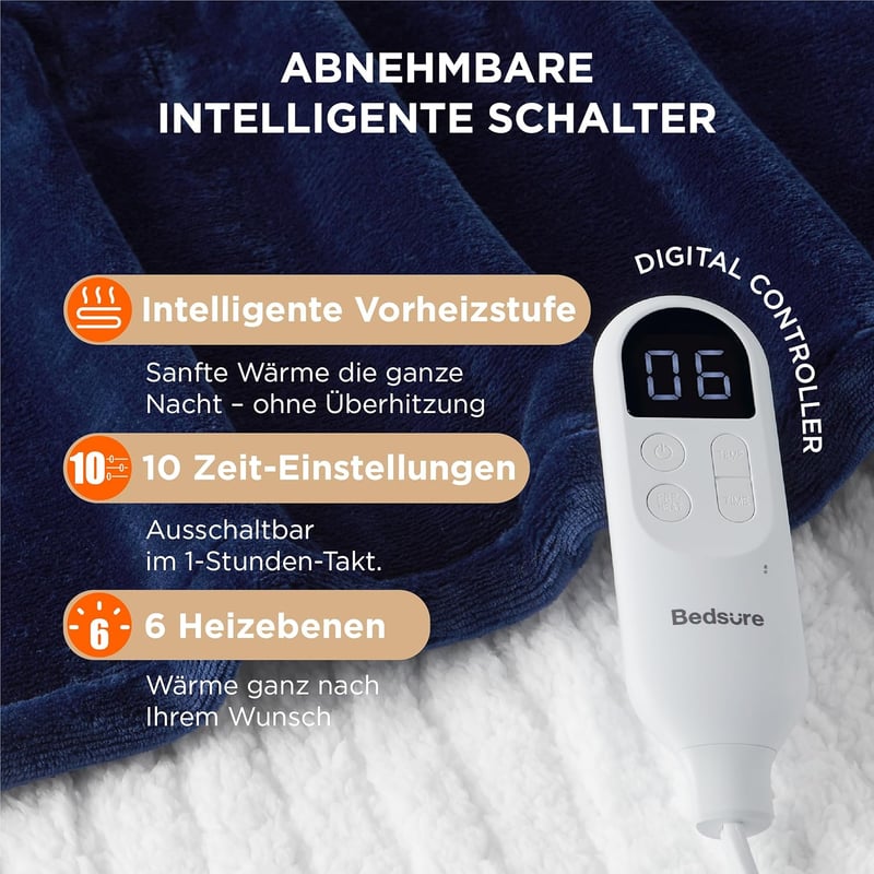 BEDSURE Elektromos Takaró 130x180cm, 6 Hőfokozat, 10 Órás Időzítő, Automatikus Lekapcsolás