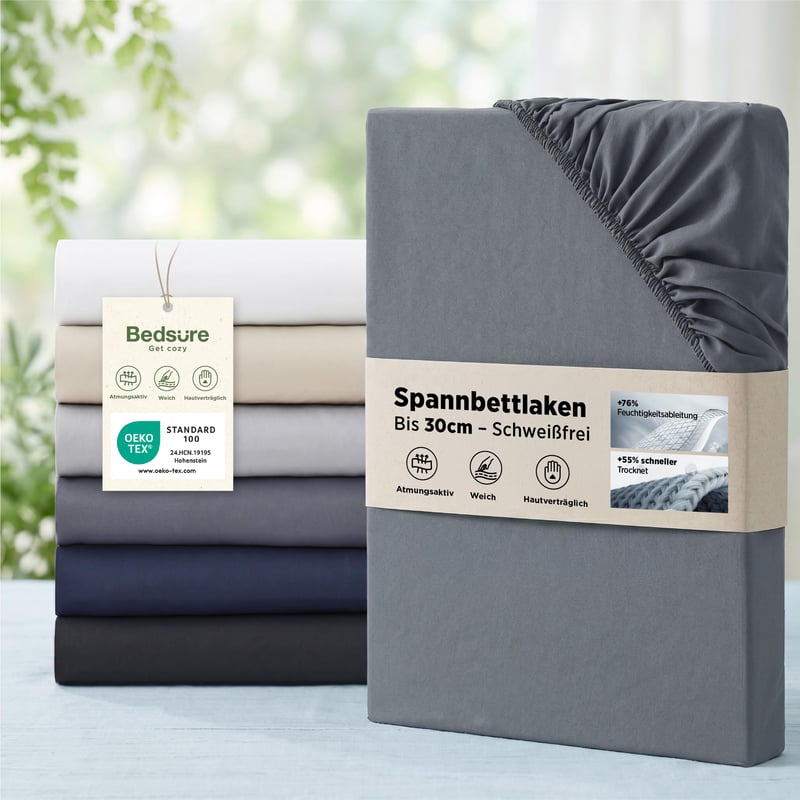 Bedsure plahta s gumicom 180x200 cm, navlaka od mikrovlakana za madrace do 30 cm visine, za boxspring krevete, prozračna i brzosušeća, Oeko-Tex, antracit